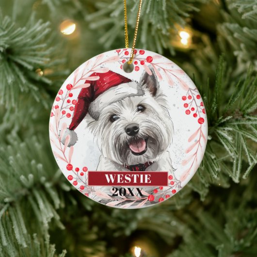 Westie Terrier in kerstmuts Kerstversiering Keramisch Ornament (Boom)