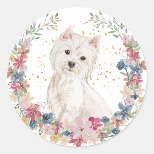 Westie Terrier Spring Flowers Wreator Ronde Sticker