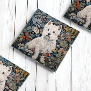 Westie Tuinwandtapijt in William Morris Style Glazen Onderzetter