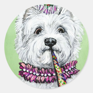 Westie verjaardagsfeestje ronde sticker