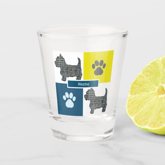 Westie West Highland Silhouette Dog & Paw Y&B Grid Shot Glas (Voorkant)