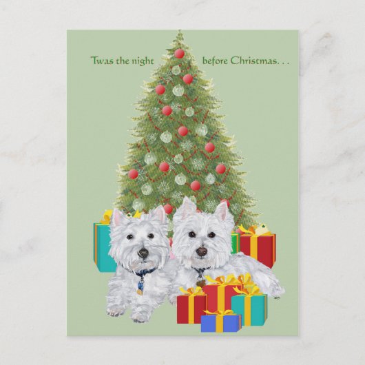 Westies bij de kerstboom feestdagenkaart (Voorkant)