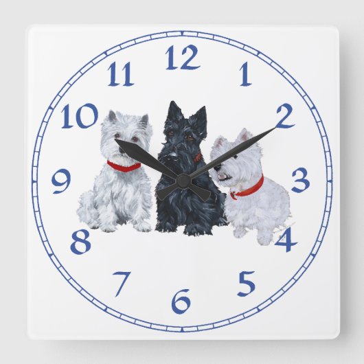 Westies en een Scottie Samen Vierkante Klok (Voorkant)