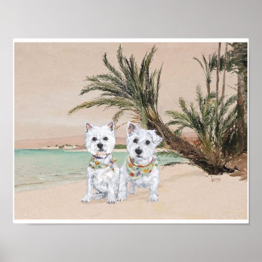 Westies op een zonnig strand poster (Voorkant)