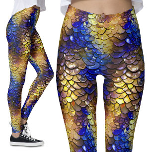 Wet Look Blue Gouden Schalen Fantasie Draak Zeemee Leggings