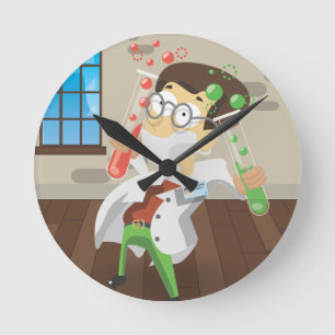 Wetenschapper met reageerbuizen ronde klok