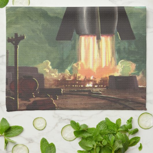  wetenschapscultuur, Rocket Blasting off Earth Theedoek (Gevouwen)