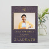 Wetschool afstuderen paarse gouden foto aankondiging (Staand voorkant)