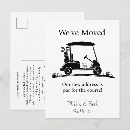 We've Moved Black Silhouette Golf Cart Aankondigingskaart (Voorkant / Achterkant)