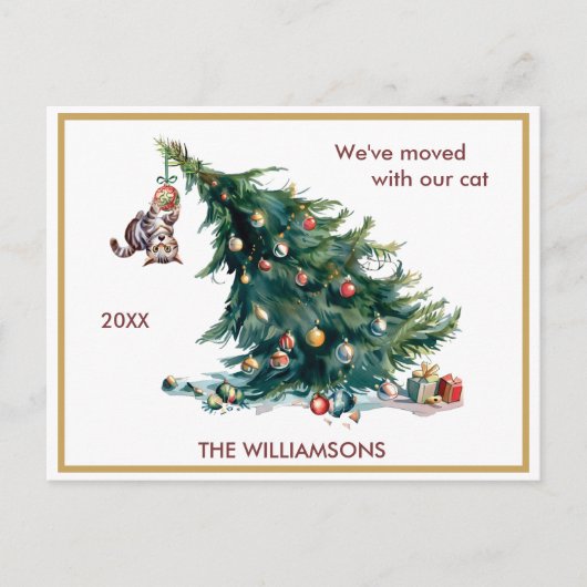 We've Moved Fun Cat and Tree Christmas  Aankondigingskaart (Voorkant)
