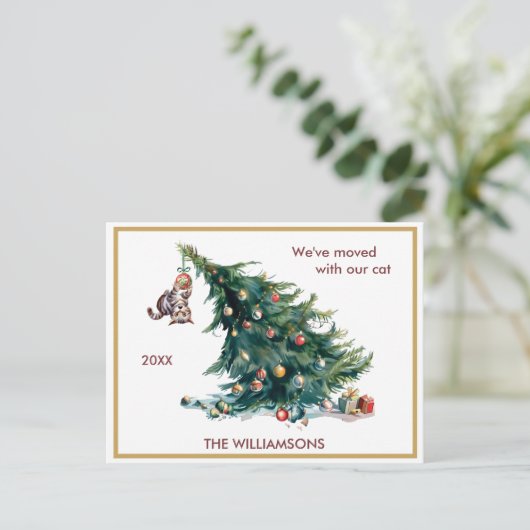 We've Moved Fun Cat and Tree Christmas Aankondigingskaart (Staand voorkant)