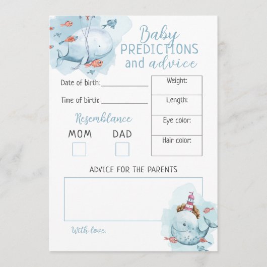 Whale Baby shower Baby voorspellingen en Advieskaart (Voorkant)