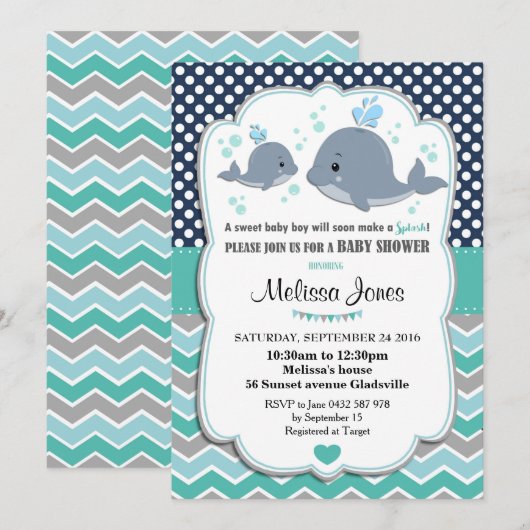 Whale Baby shower Gepersonaliseerde Uitnodiging Ba (Voorkant / Achterkant)