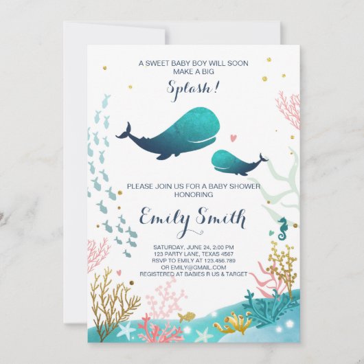 Whale Baby shower Invitation Ocean Ahoy Boy Cute Kaart (Voorkant)