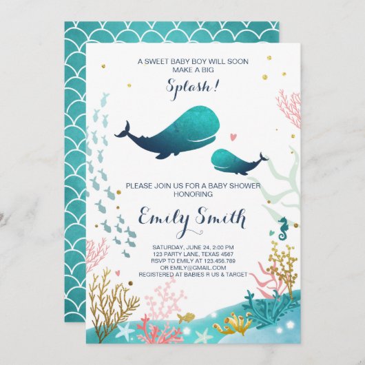 Whale Baby shower Invitation Ocean Ahoy Boy Schatt Kaart (Voorkant / Achterkant)