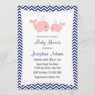 Whale Baby shower Invitation Pink Navy Blue Kaart