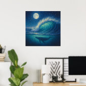 Whale Beneath Moonlit Wave - Pastel Painting Style Poster (Thuiskantoor)