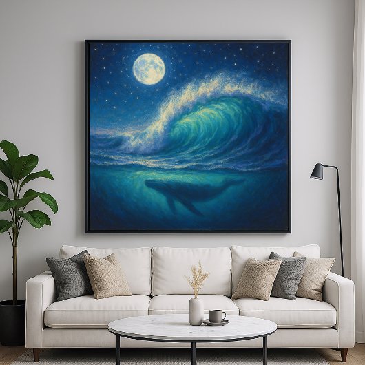 Whale Beneath Moonlit Wave - Pastel Painting Style Poster