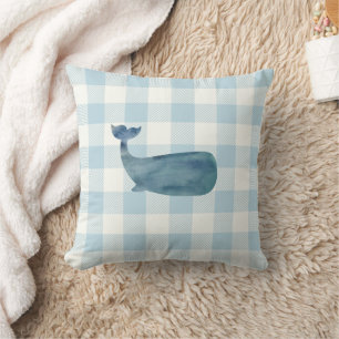 Whale Blue Gingham Check Coastal Kussen