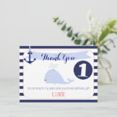 Whale Nautical 1e verjaardag Dank u voor de platte Bedankkaart (Staand voorkant)