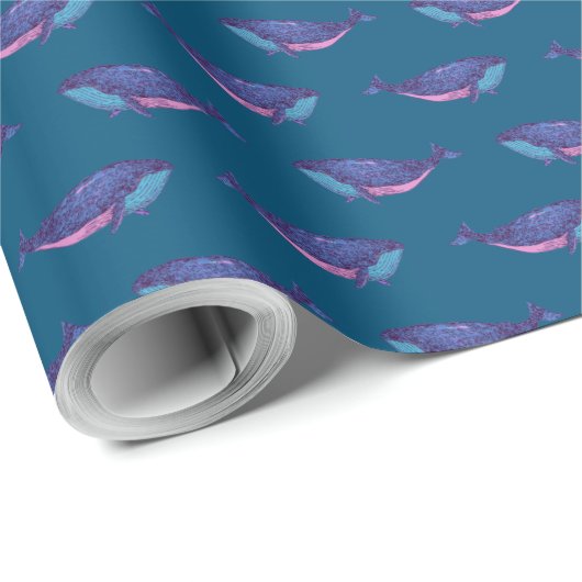 Whale Pattern Ocean Blue Nautical Coastal Schattig Cadeaupapier (Rol Hoek)