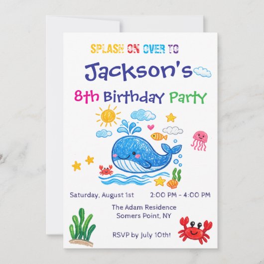 Whale Theme Summer Kids Birthday Invitation Card (Devant)