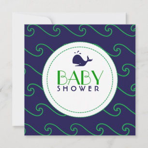 Whales Tale & Wavy Green & Navy Invitation Kaart