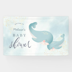 Whales Waterverf Blue Boy Baby shower Welkom Spandoek
