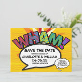 WHAM Reddingsdatum Fun Retro Strip Pop Art Save The Date (Staand voorkant)