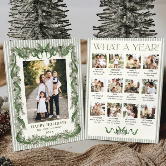 What a Year Sage Green Pine Bow Christmas 13 Photo Feestdagenkaart