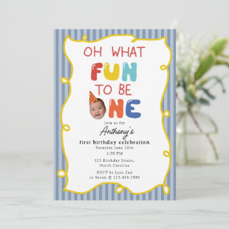 What Fun to Be One 1st Birthday Party Photo Boy Kaart