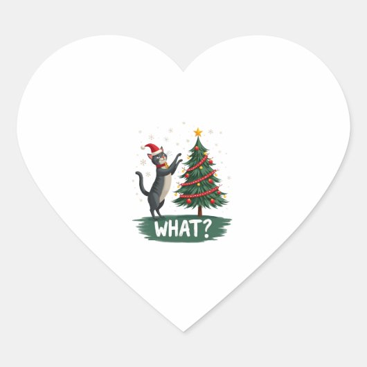 What Funny Cat Pushing Christmas Tree Over Cat Xma Hart Sticker (Voorkant)