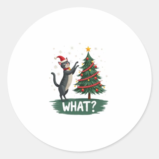 What Funny Cat Pushing Christmas Tree Over Cat Xma Ronde Sticker (Voorkant)