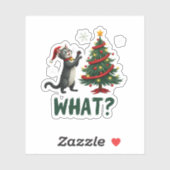 What Funny Cat Pushing Christmas Tree Over Cat Xma Sticker (Vel)