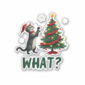 What Funny Cat Pushing Christmas Tree Over Cat Xma Sticker (Voorkant)