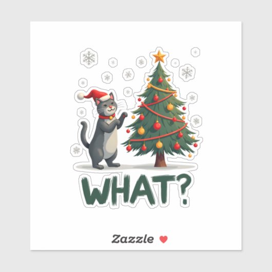 What Funny Cat Pushing Christmas Tree Over Cat Xma Sticker (Vel)