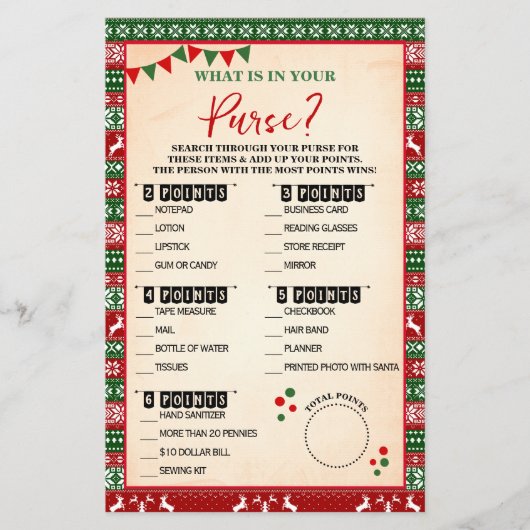 What is in Your Purse Ugly Sweater Game Card Flyer (Voorkant)