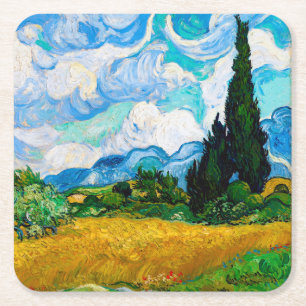 Wheat Field met Cypresses, Van Gogh Vierkante Kartonnen Onderzetter
