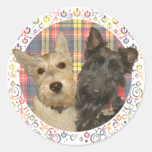 Wheaten & Black Scotties op Tartan Ronde Sticker