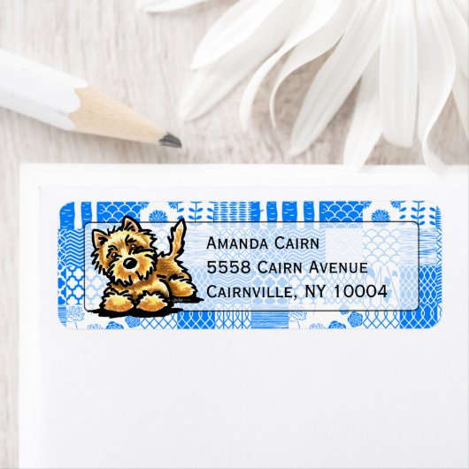 Wheaten Cairn Terrier Studio Blue Patchwork Etiket (Insitu)