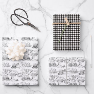 WHEATEN Terrier Black Toile & Gingham Gift Sheets Inpakpapier Vel