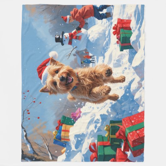 Wheaten Terrier Loopt In Sneeuw Met Kerst Pet Fleece Deken (Voorkant)