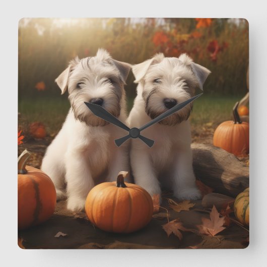 Wheaten Terrier Puppy Herfst Verrukking Pompoen Vierkante Klok (Voorkant)