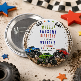 Wheelie Awesome Monster Truck 4e verjaardag jongen Ronde Button 5,7 Cm