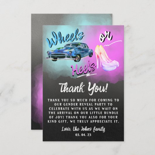 Wheels or Heels Geslacht onthullen Dank u Card. Kaart (Voorkant / Achterkant)