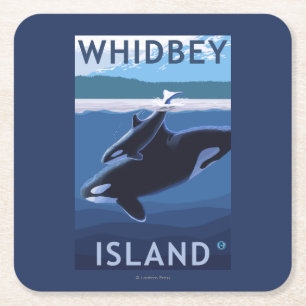 Whidbey Island, WashingtonOrca en Calf Vierkante Kartonnen Onderzetter