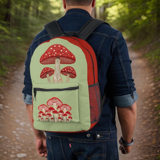 Whimical Red en Tan Mushroom en Sage Green Bedrukte Rugzak