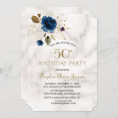 Whimige Blauwe Gouden Bloem 50ste Verjaardag Kaart (Voorkant / Achterkant)