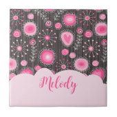 Whimige roze grijze harten en bloemen bloemnaam tegeltje (Voorkant)