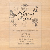 Whimiscal Cute Doodles Black White Wedding Acryl Uitnodigingen (Voorkant)